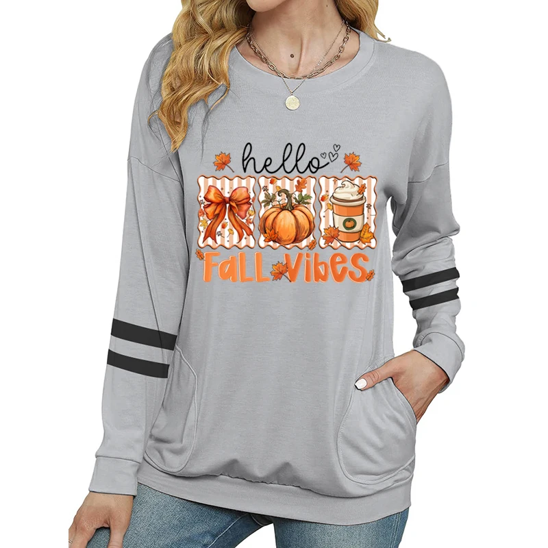 Outono temporada feminina manga longa camiseta outono vibrações gráfico camisetas macias de manga comprida outono abóbora novo design camisas femininas