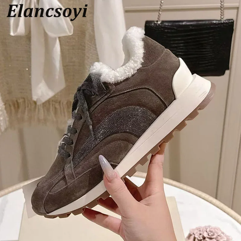 Sneakers Women's Suede String Bead Flat Shoes Thick Bottom Lace Up Daddy Shoes Autumn Winter Real Wool Lining Warm Casual Shoes