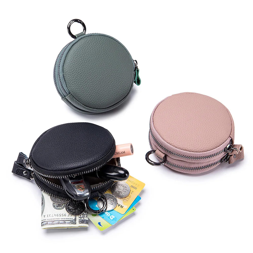 Genuine Leather Simple Pure Color Double Zipper Earphone Storage Bag Mini Wallet Round Hanging Bag for Women