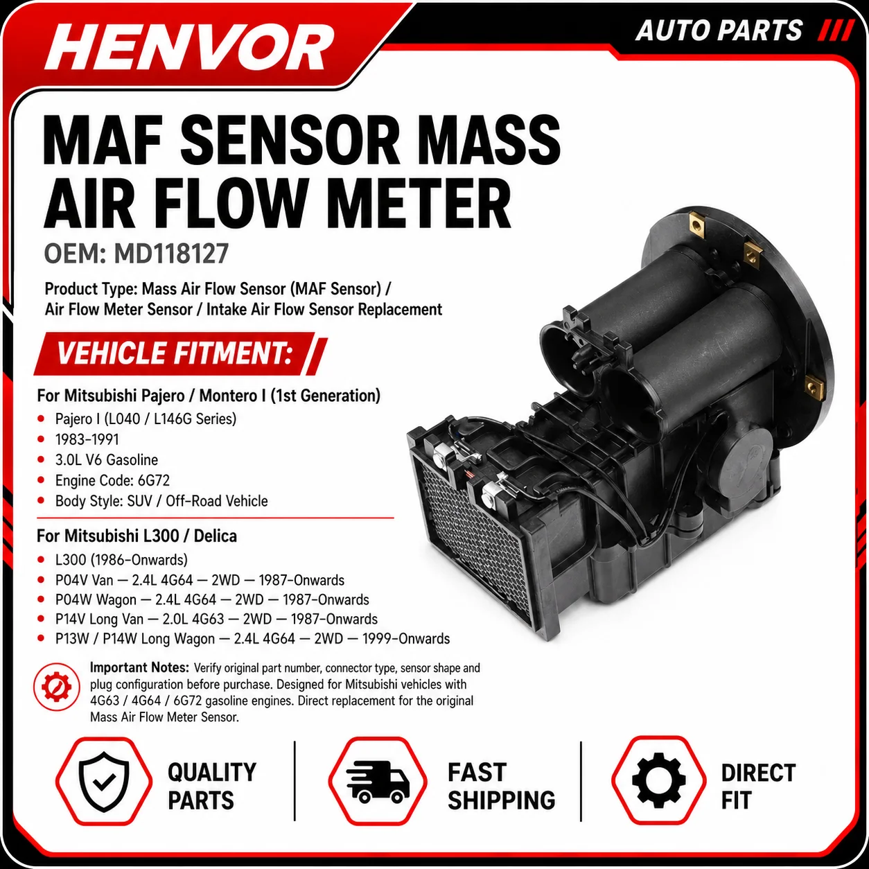 Mass Air Flow Sensor MAF Meter MD118127 For Mitsubishi Pajero Montero I L300 2.0 2.4 3.0L 4G63 4G64 6G72 Engine