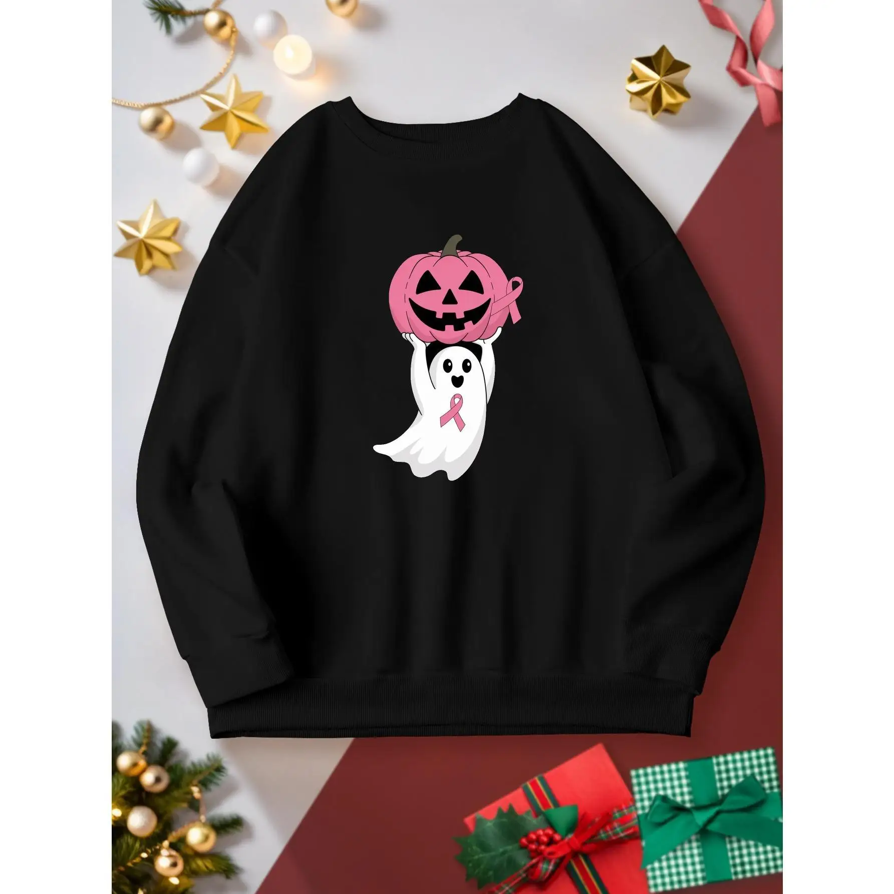 

Ghost Breast Cancer Awareness Sweatshirt, Pink Pumpkin Halloween Pullover, In October We Wear Pink Top for Women
