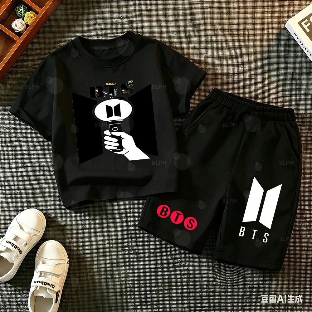 Conjunto de 2 Piezas de Camiseta Kpop BTS, Linda Camiseta de Dibujos Animados de BTS, Traje Informal de Algodón de Manga Corta para Fans del Army, Regalo