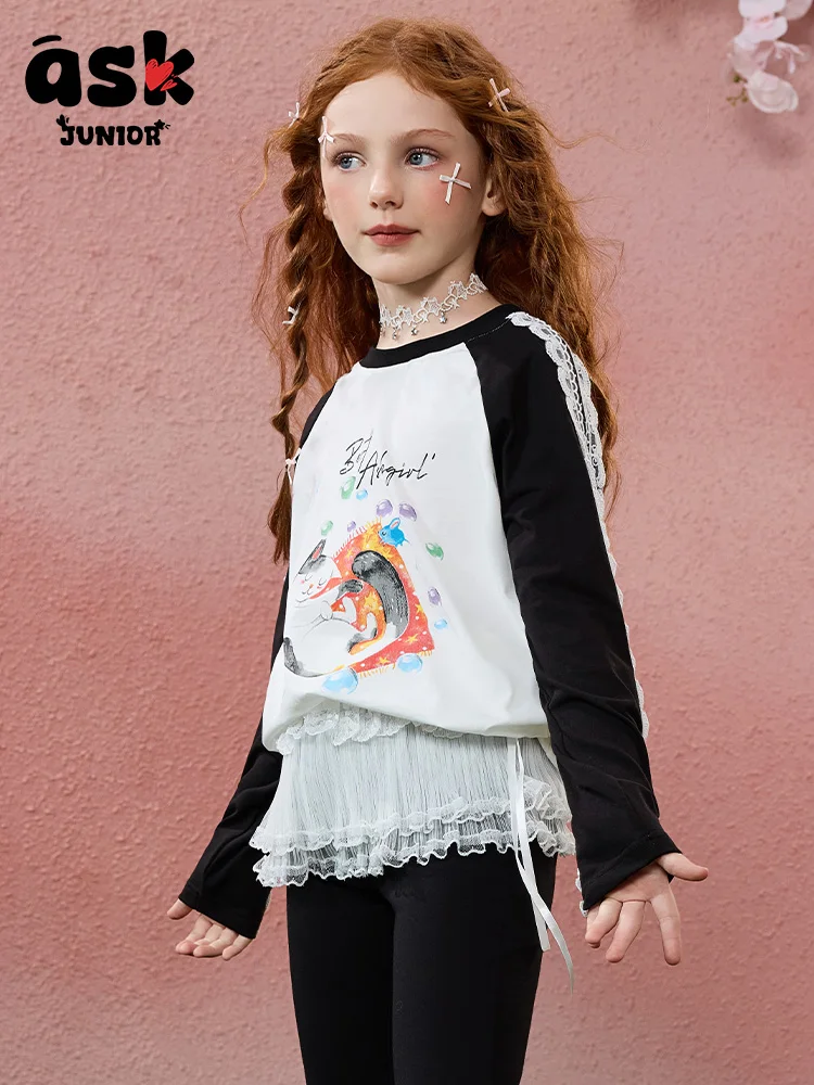 تي شيرت Ask Junior بأكمام طويلة للفتيات، قميص سفلي مضاد للبكتيريا بألوان متباينة وأكمام خشنة #5