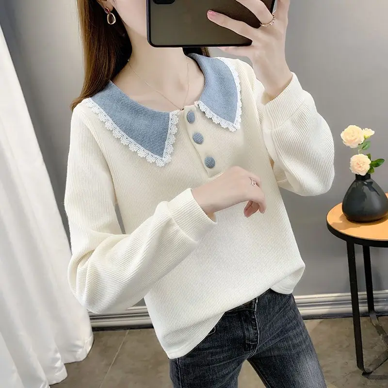 Sweet Fashion Peter Pan Collar Loose Long Sleeve Sweaters Women\'s Clothing All-match Lace Cut Solid Color Knitted Jumpers Female