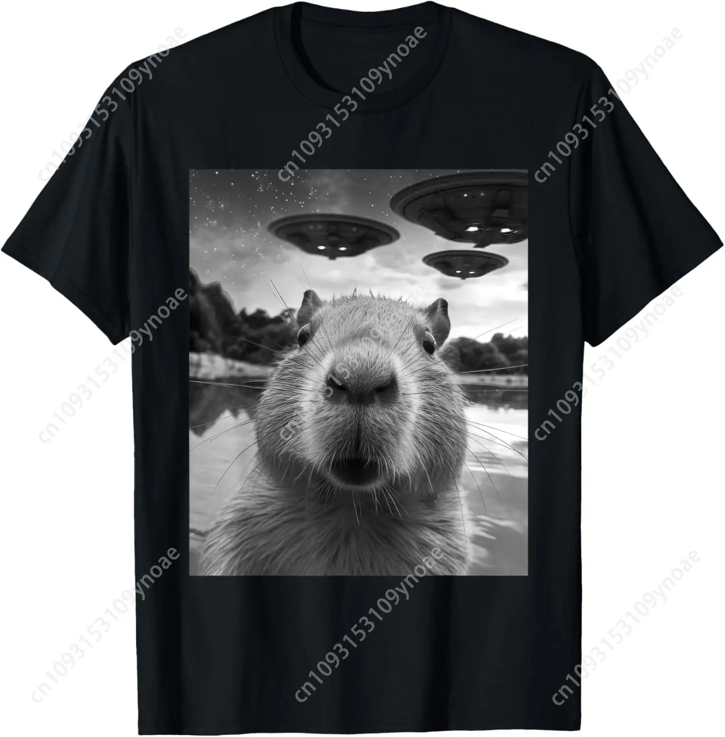 Funny Graphic Capybara Selfie with UFOs Weird TShirt Man Women Cotton Tee Soft Shirt Breathable Amusing Top Short Sleeves