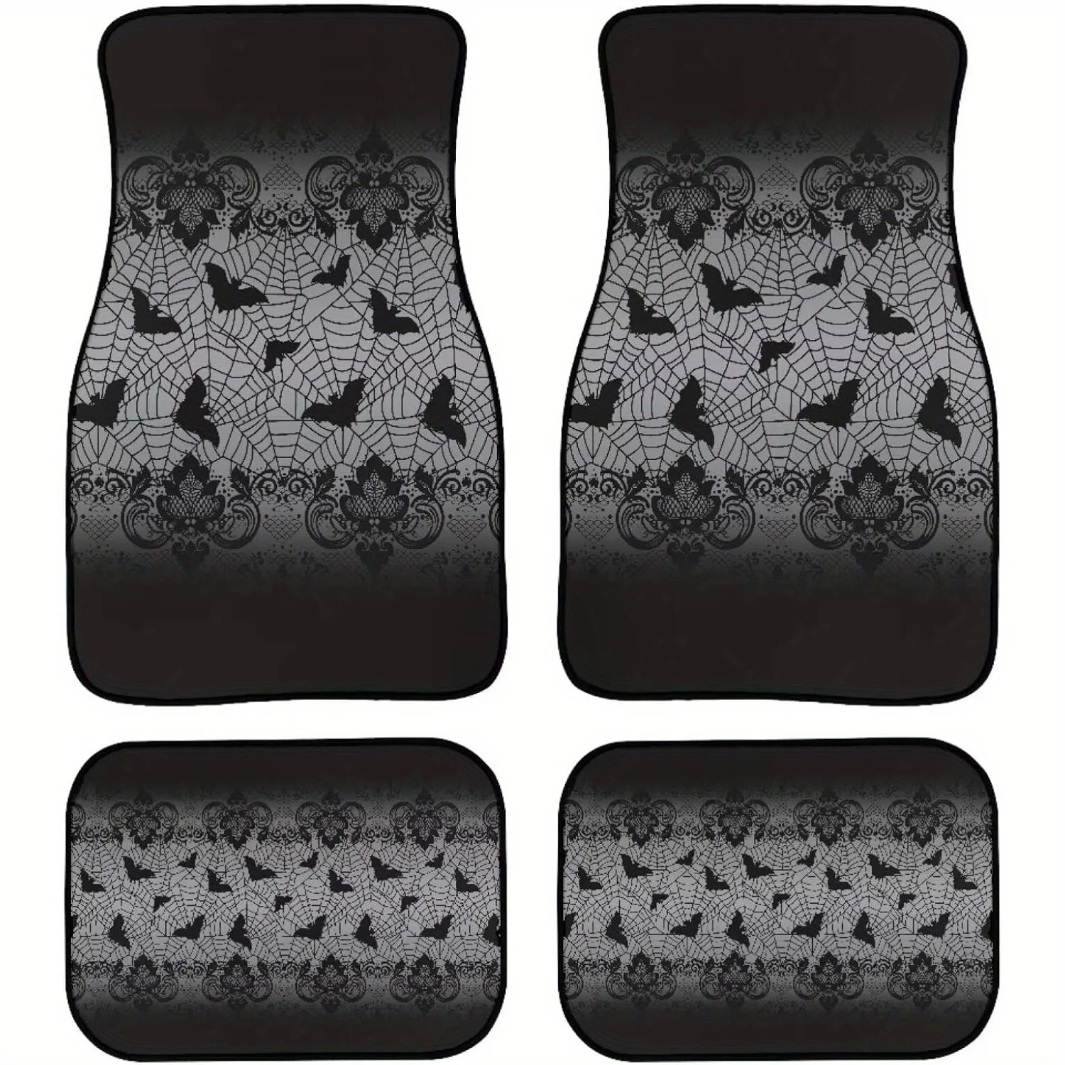 Set of 4 Bat And Spider Web Car Floor Mats, Dark Halloween Theme, Fits Sedans, Suvs, And Trucks, Complete