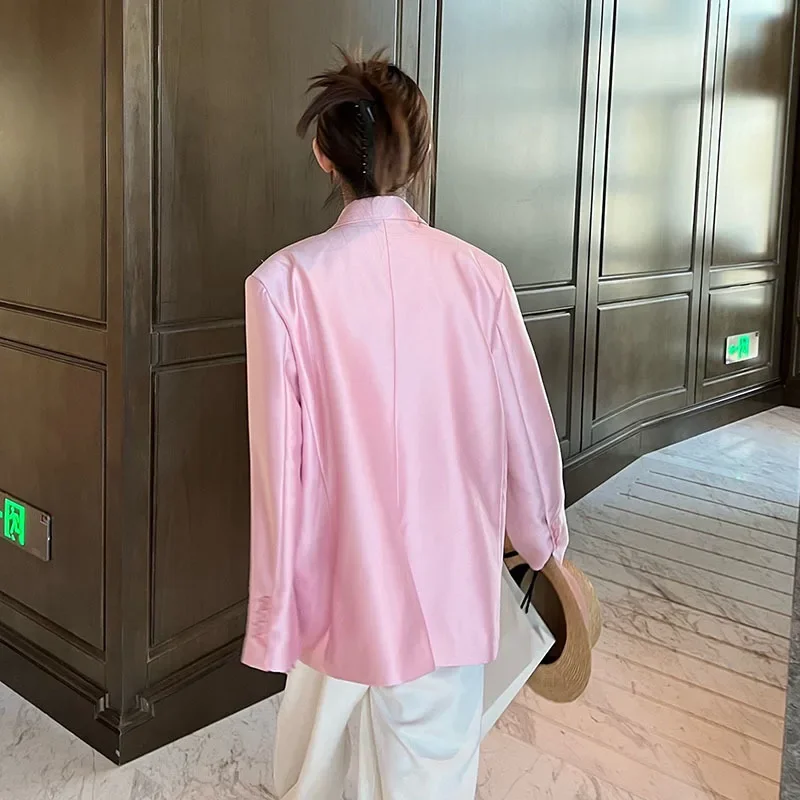 Vintage Casual Silky Texture Pink Suit Coat Spring Women Loose Double Breasted Notched Collar Long Sleeve Female Blazers Outwear