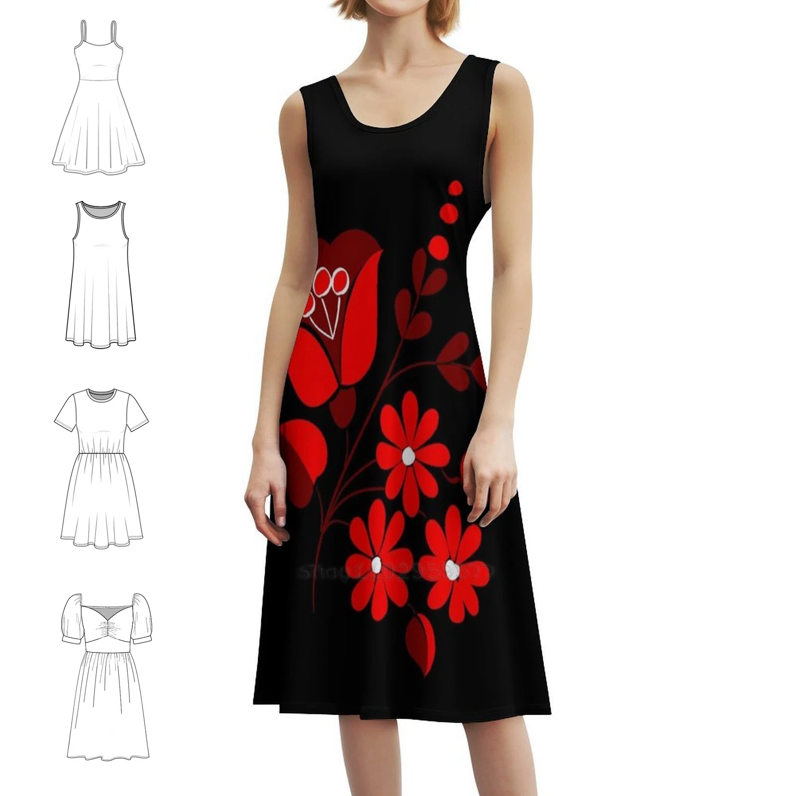 Tricolor Hungarian Flower Pattern Bohemian Sleeveless Dress For Women Print Beach Party Dresses Tricolor Hungarian Flower