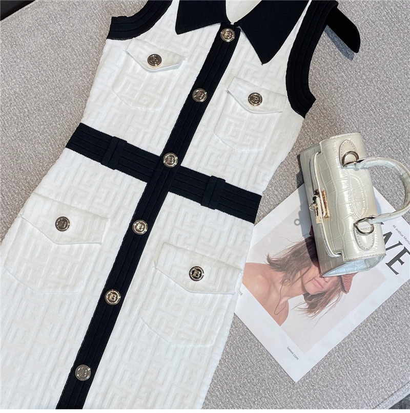 High Quality Women Summer New Korean Version Temperament Ladies Contrast Color Polo Collar Sleeveless Knitted Dress