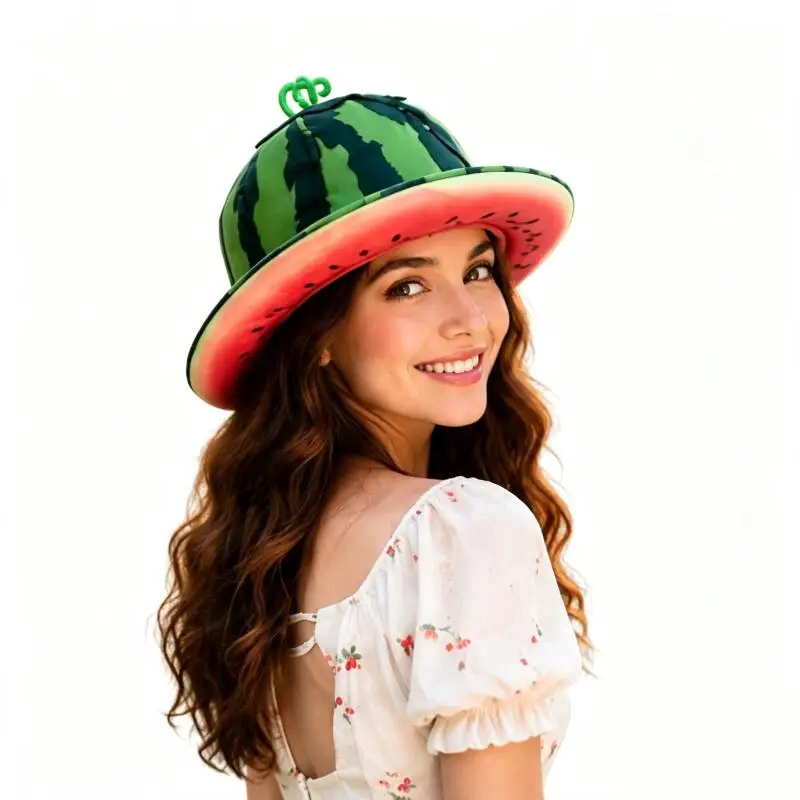 Divertido Sombrero de Cubo 3D con Diseño de Sandía, Tela Suave, para Fiestas, Actuaciones en Escenario, Cosplay y Disfraces
