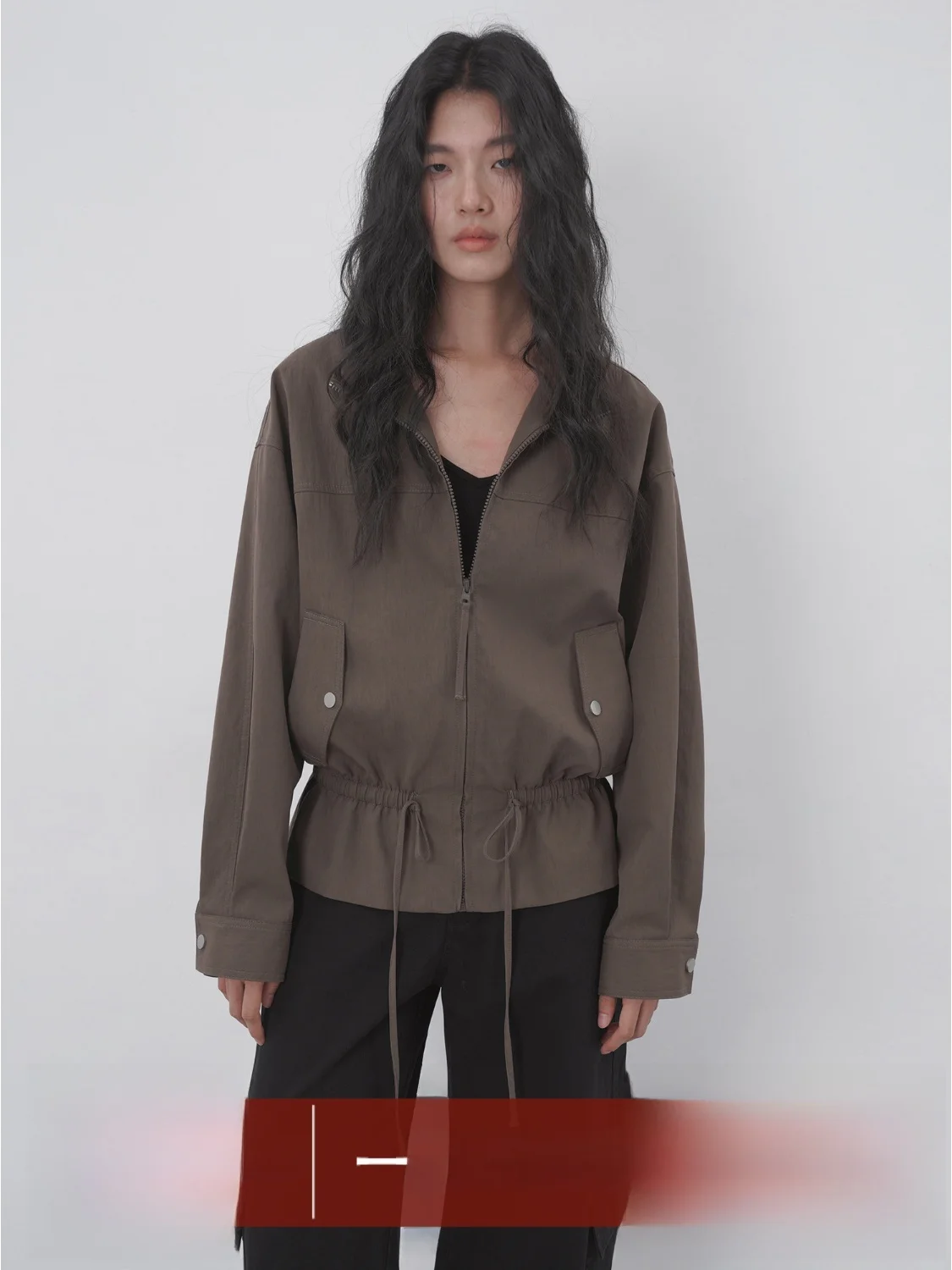 

EIGHTHMONTH Women's ort Jaet Dstring Waist Zipper Loose Slimming Casual Sle Autumn Outerwear Stand Collar Top