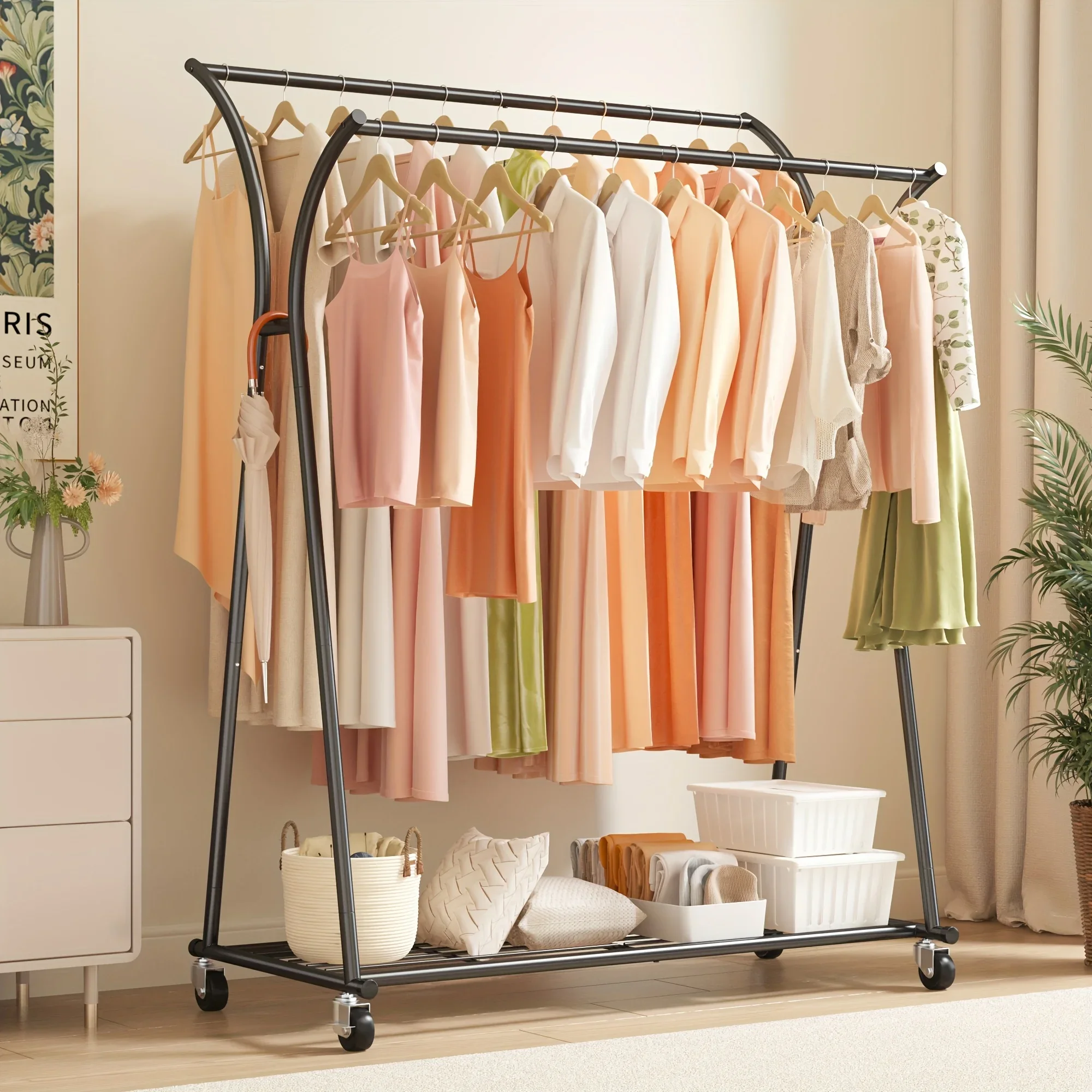 

238 LBS Double Rods Clothing Garment Rack, Rolling Clothes Organizer On Wheels For Hanging Clothes, For Bedroom, Living Room