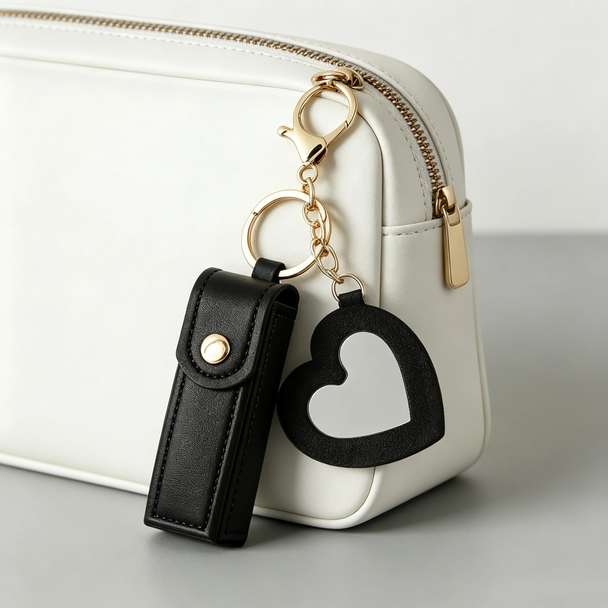 Portable Pu Leather Lipstick Holder Keychain With Heart-Shaped Mirror for Women Girls Handbag Charms Accessory Creative Gift