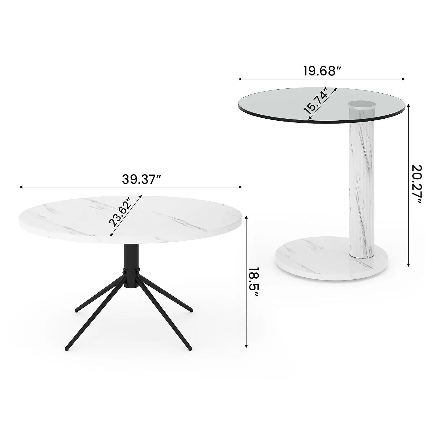 Oval Coffee Side Table Set of 2, Faux Marble Top and Modern Tempered Transparent Glass Top,Perfect for Living Room,Cafe,Home