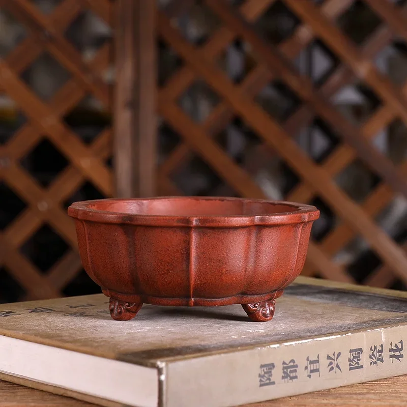 Ceramic Circle Handmade Bonsai Pot Vase Purple Sand Chinese Carved Lotus Shape Cubicles Desk  Garden Home Table Decoration