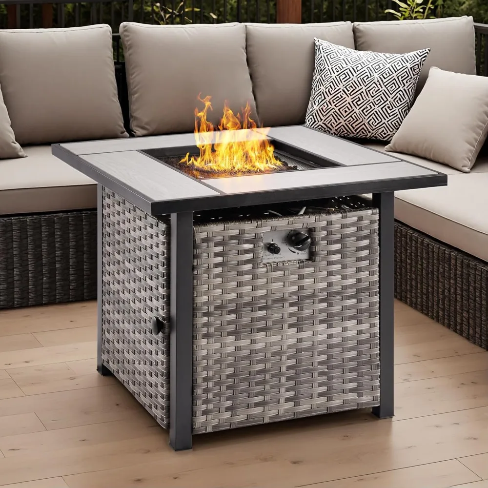 

30 Inch Outdoor Patio Fire Pit Table, 50,000 BTU Heater PE Rattan Propane Firepits with Ceramic Tabletop, Waterproof Cover