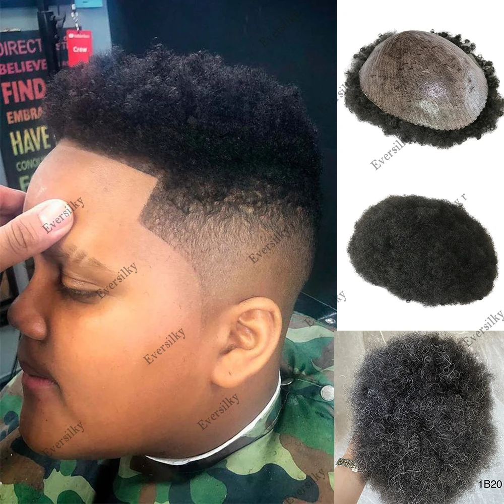 Duurzame Huid Afro Krullend Heren Toupetje 6mm Zwarte Man Weave Haar Pruik Grijs Gemengd Kinky Krullend Mannelijke 100% Menselijk Haar Vervanging Systeem