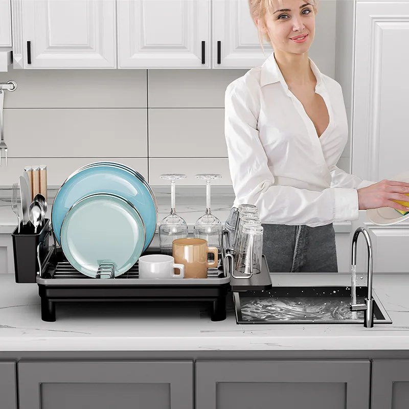 

304 Stainless Steel Expandable Dish Drainer Rack with Drainboard, Utensil & Cup Holder, Kitchen Counter Dish Drying Rack