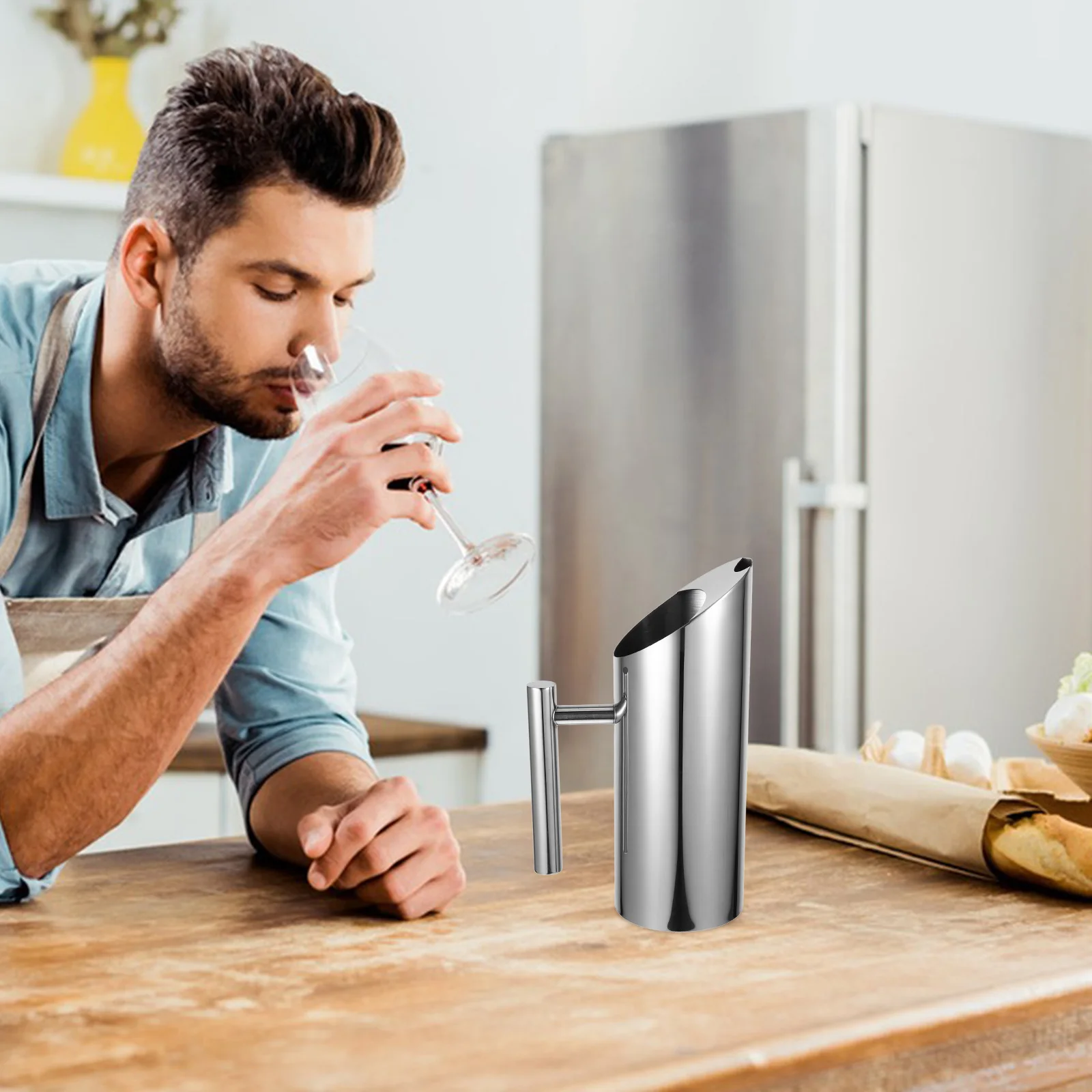 

Stainless Steel Juice Pitcher Cold Beverage Container Fridge Coffee Tea Water Milk Lemonade Straight Body Bar Use