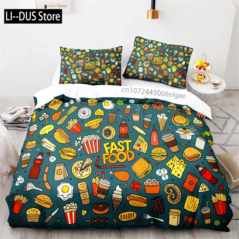 Creative Fast Food Duvet Cover Pizza Hamburger Print Comforter Cover Microfiber Bedding Set King Queen for Kids Teen Room Decor