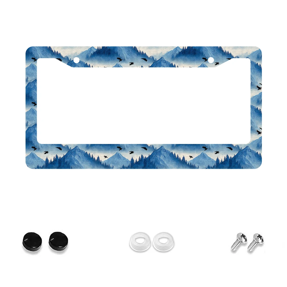 

1pc Blue Mountain Scenery Pattern 2-Hole License Plate Frame, Aluminum Material, 6x12 Inches, with Screw Set, Retro Novelty Car