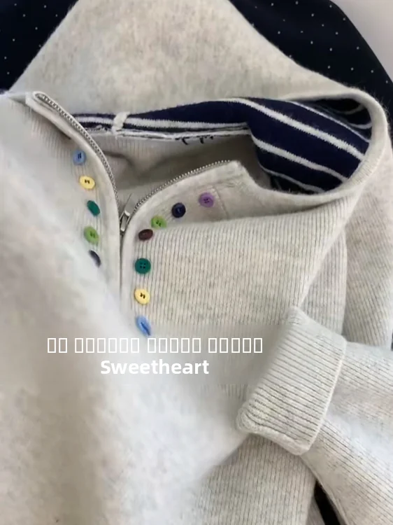 Suéter de Punto Hoado Estilo Coreano para Mujer, Otoño Invierno, Nuevo, Colorido, con Botones, Capucha, Media Cremallera, C...