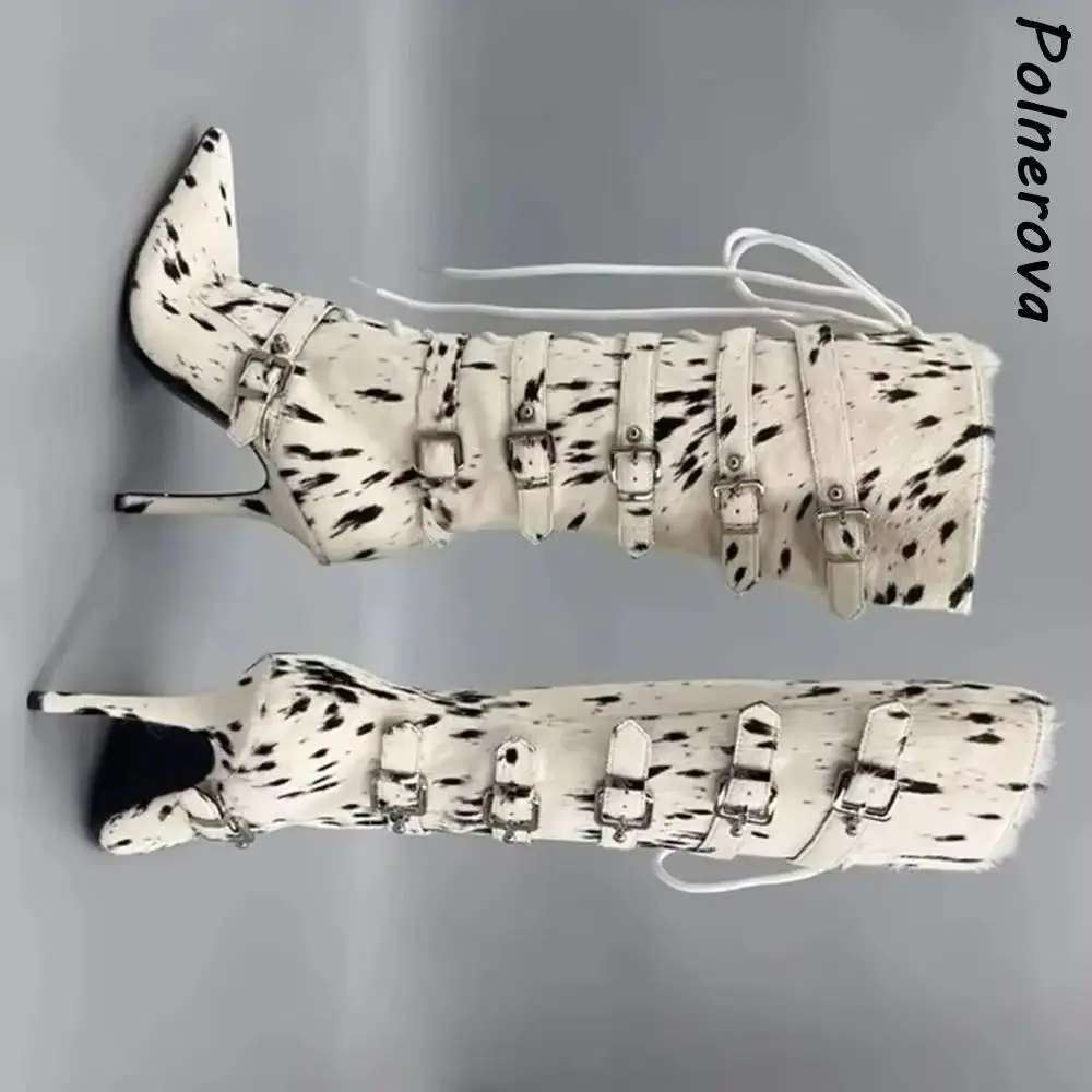 Cow Print Multi Buckle Knee High Boots Pointed Toe Fur Lace Up Zipper Thin Stiletto Heel Boots Y2K Western Fashion Winter Shoes