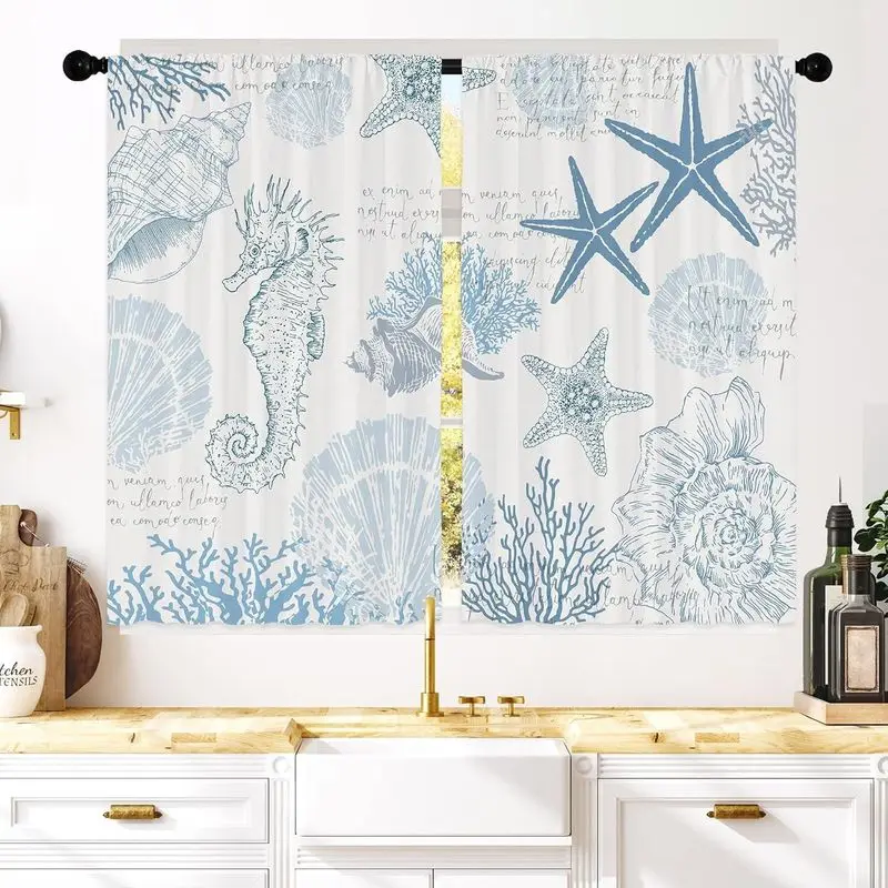 Cortinas cortas náuticas VIKAMA Beach Ocean con bolsillo para barra, estampado de caballitos de mar y coral, para cocina, baño y ventanas.