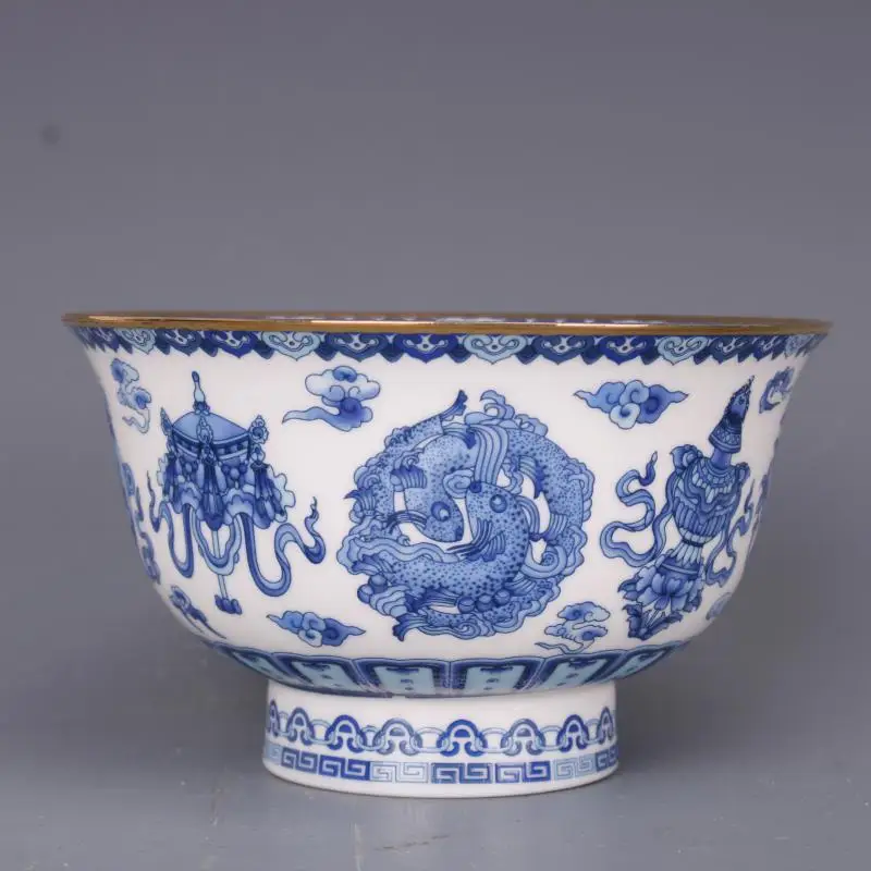 Qing Dynasty Qianlong blue and white bowl gold border eight treasures pattern bowl antique handicraft porcelain household goods