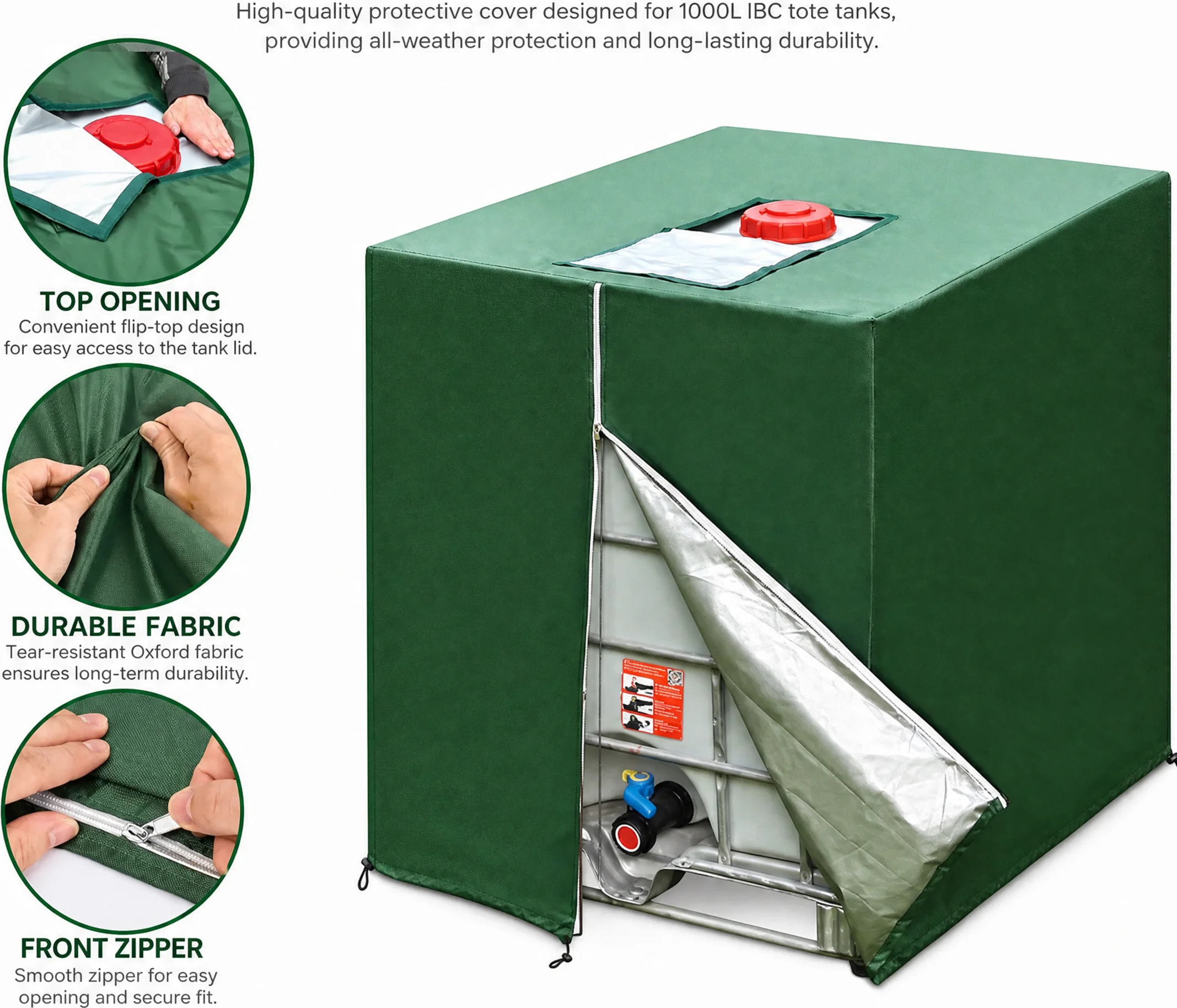 1000L IBC Water Tank Cover Tarpaulin Waterproof UV Resistant Tarpaulin with Zipper for IBC Rain Tank Cover Dustproof