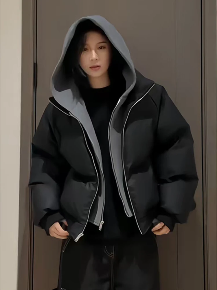 

Американская утепленная хлопковая куртка для женщин, зимняя теплая свободная куртка-пуховик в уличном стиле с капюшоном на молнии, укороченная