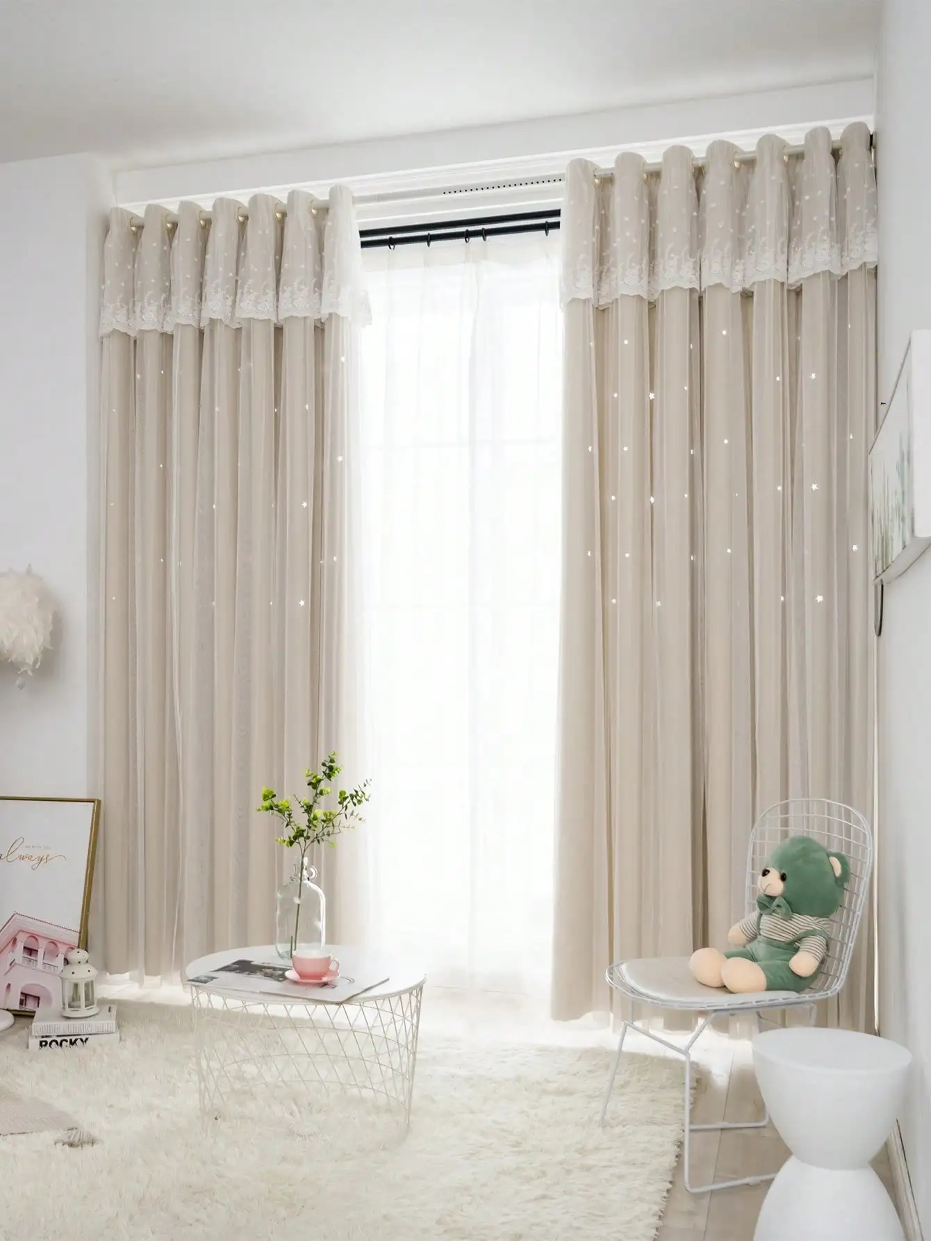 

Ins French Light Luxury Double Layer With Lace Sheer Blackout Curtain For Girls' Bedroom Living Room Villa Decoration