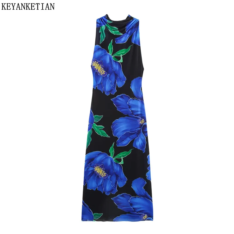 

KEYANKETIAN 2025 Summer New Women's Flower Print Bow Halter MIDI Dresses French Style Slim Sexy Backless Sleeveless Long Dress
