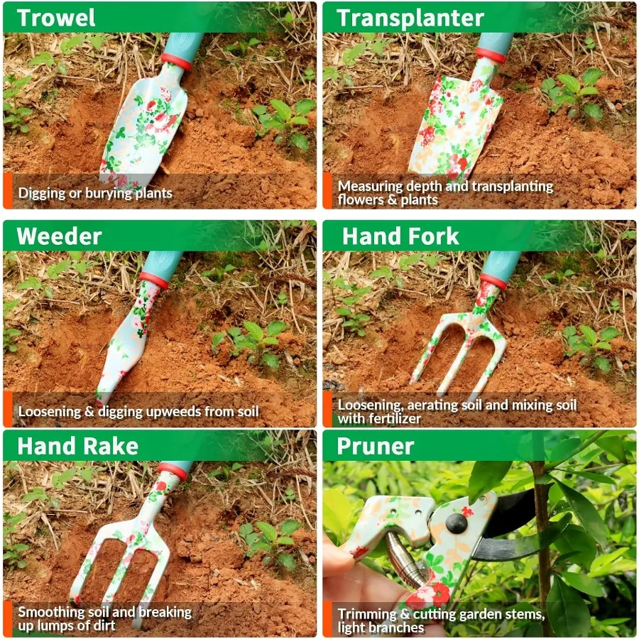 10 PCS Heavy Duty Garden Tools Set with Tote Bag Apron Gloves Kneeling Pad for Women and Men Includes Hand Trowel Rake Weeder P