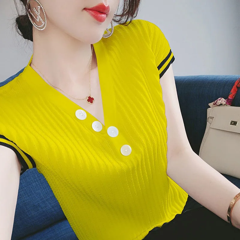 

Fashion V-Neck Spliced Button Casual Blouse Female Clothing 2023 Summer New Commute Pullovers Solid Color Commute Shirt