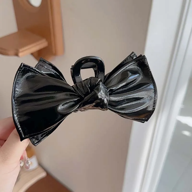 French Retro Imitation Leather Large Double Layer Bow Claw Clip Sweet All-Matching Hair Claw Back Head Updo Ponytail Clip Female