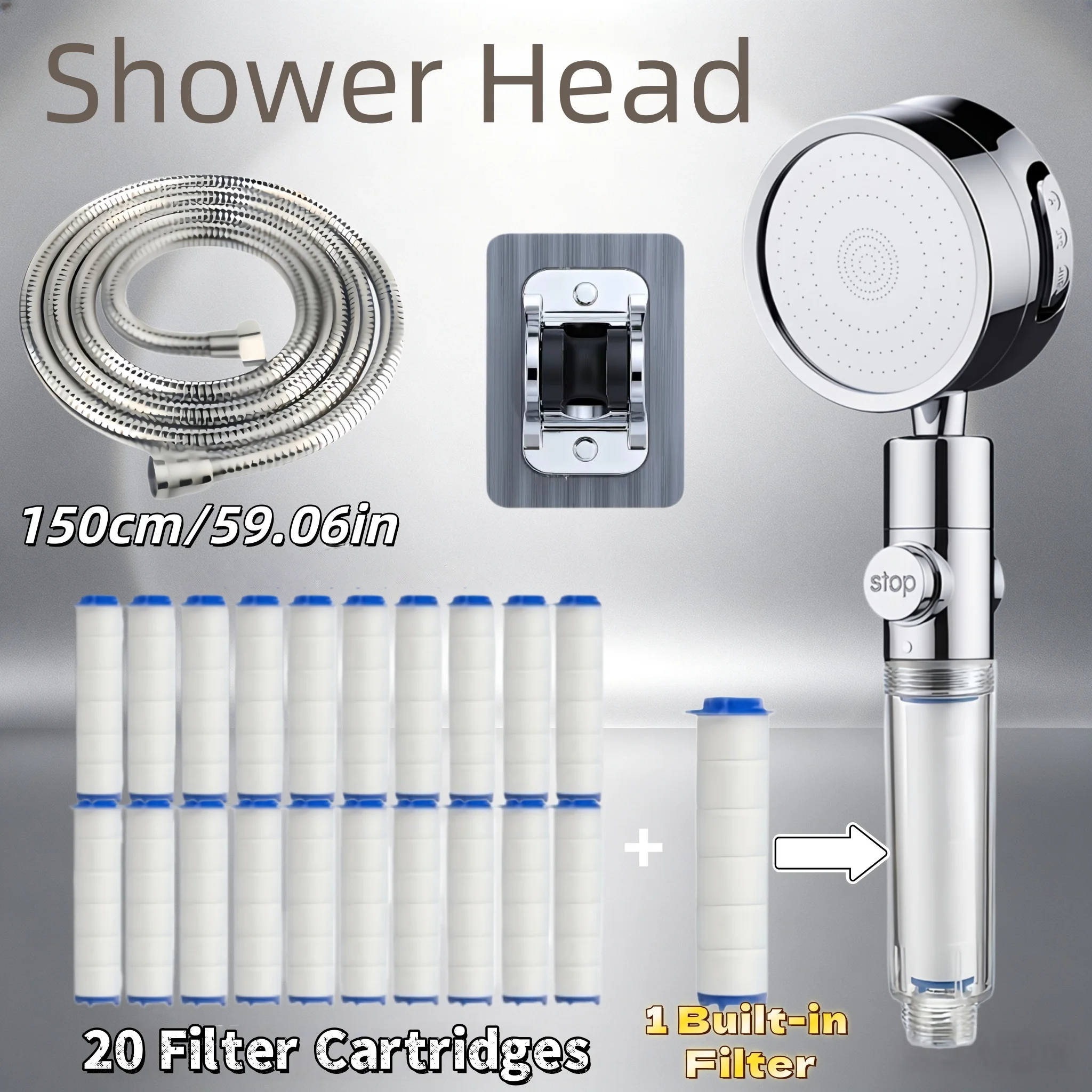 Visible Filter Window Handheld Shower 3 Modes 360° Rotate One-Click Stop 20/15/10 Filters Punch-Free Bracket Hose Home Use