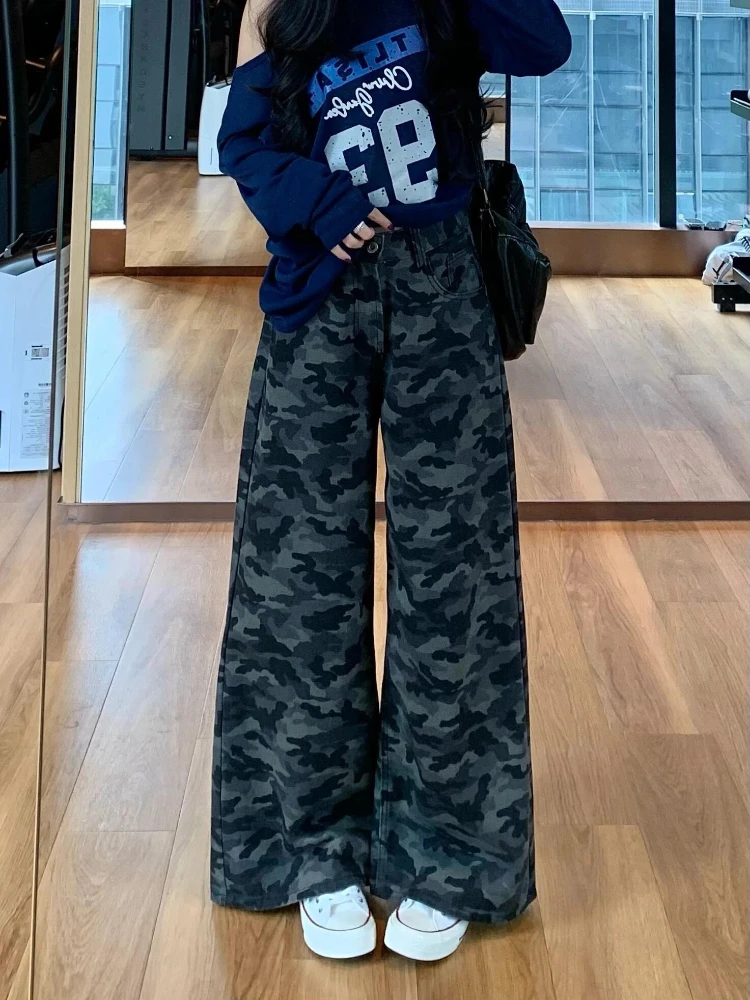 Vintage Camouflage Women Wide Leg Jeans 2026 Autumn Winter High Waist Loose Straight Cargo Casual Versatile Denim Pants