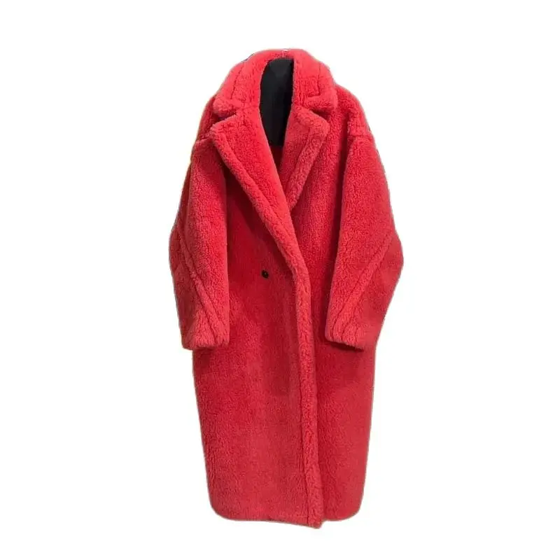 

High Quality Coat Winter Women 20 Color Max Teddy Bear Long Length Real Sheep Wool Cashmere Silk Thick Warm Turn-Down Collar