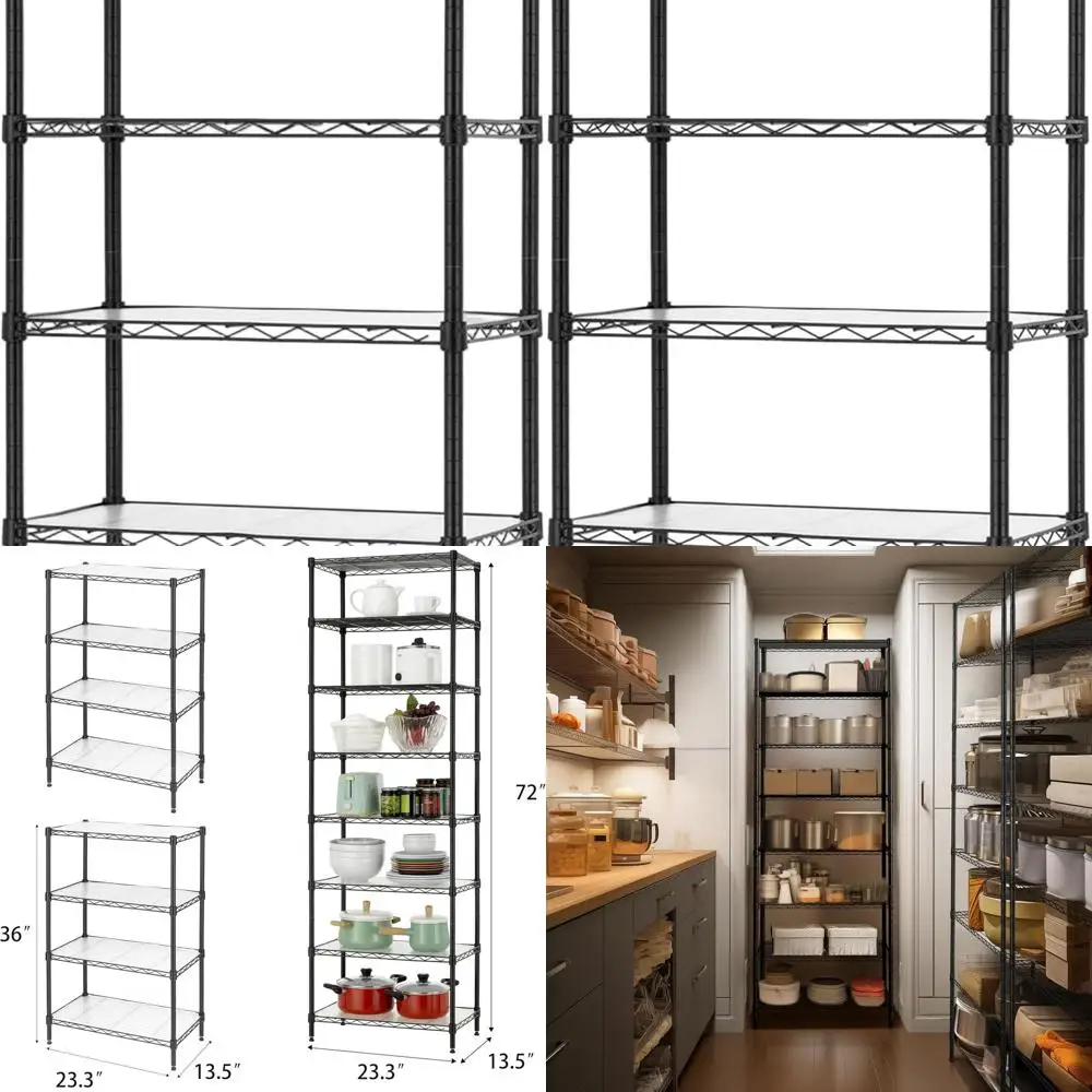 

8-уровневые регулируемые полки из стальной проволоки с 8 полками, сертифицированные NSF, черные, в комплект входят полиэтиленовый мат, выравнивающие ножки и функции безопасности
