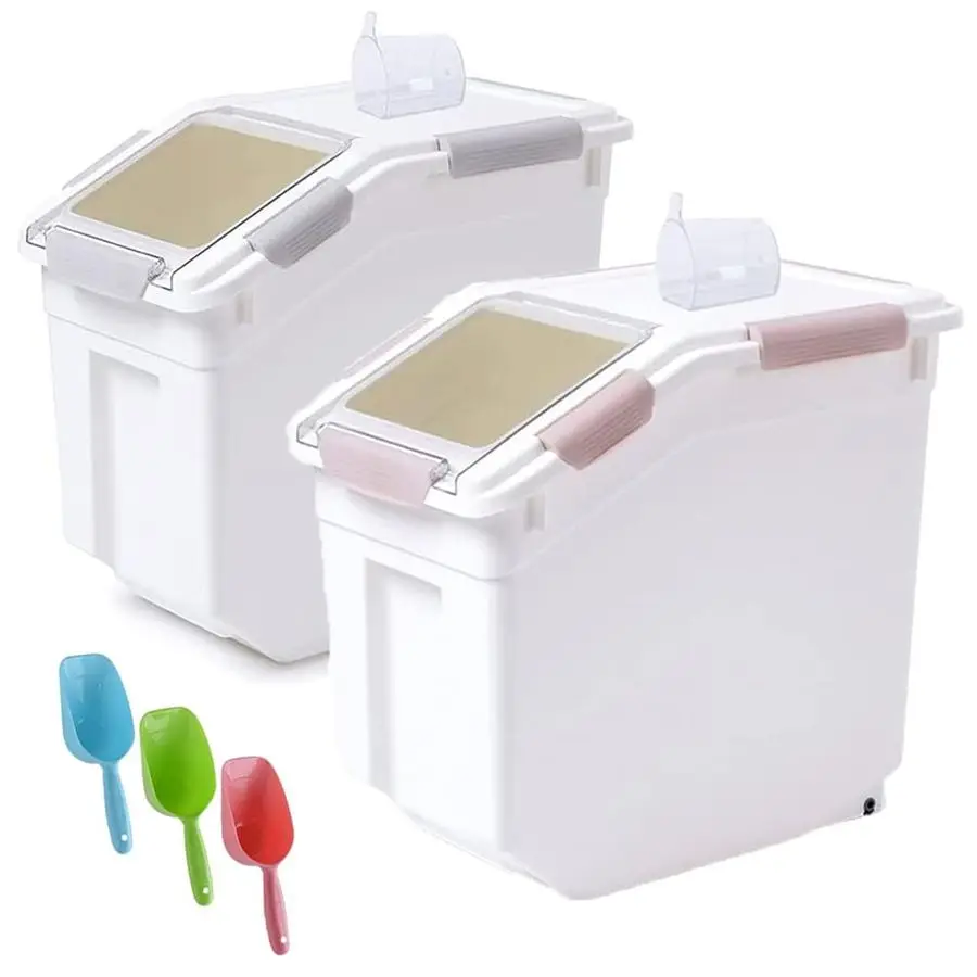 

Контейнер для хранения корма для собак с ложкой, контейнер для рисовой муки на колесах, герметичная корзина для корма для кошек и птиц, серый усилитель, розовый