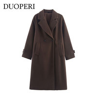 DUOPERI Autumn Winter Women's Brown Woolen Coat Warm Fashion Notch Neck Long Sleeves Female Elegance Chic Lady Outfits