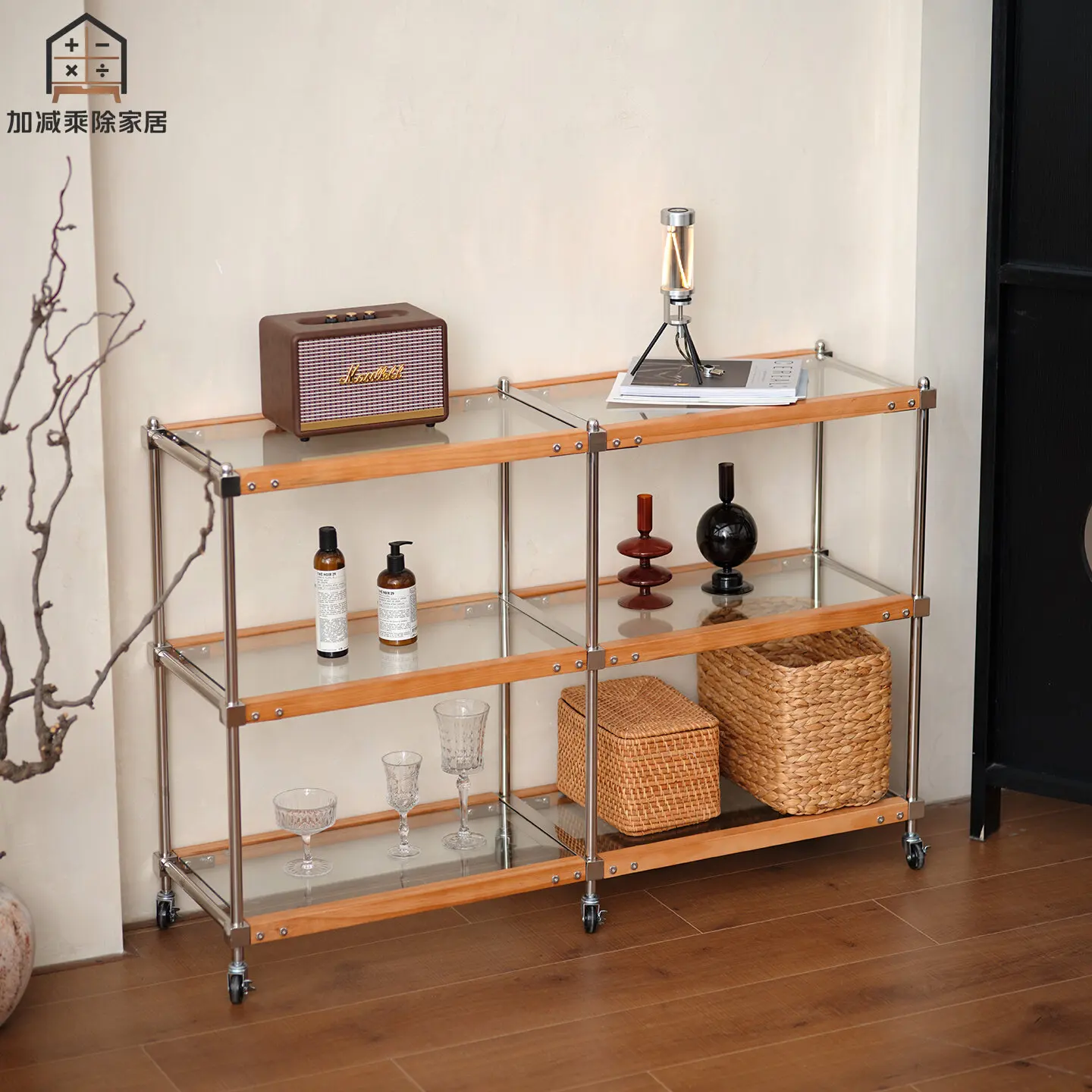 Retro style solid wood rack Floor type with wheels movable cart Multi-layer decorative storage rack Ornament storage rack