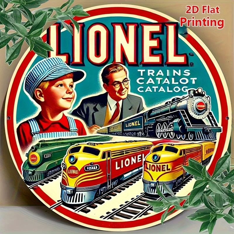 1pc 2D Flat Round Metal Tin Sign 20x20 Inch Vintage Lionel Trains Pattern Wall Plaque Toy Room Man Cave Decor