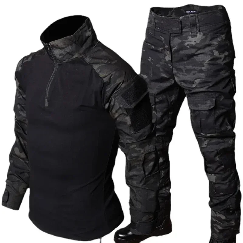 Black Camo Training Sets 1/4 Zipper Combat Tops Tactical Suits Hiking Pants Men Durable Shirts Multiple Pockets Wear-resisting