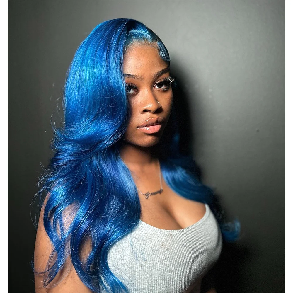 Linhua Blue Colored 180% Body Wave 12A 13X4 Transparent Lace Wigs Remy 13X6 Lace Frontal Wig Preplucked With Baby Hair