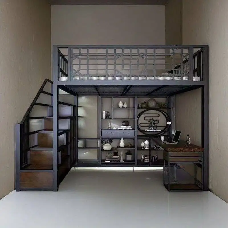 Wrought iron elevated bed small apartment Chinese style space saving duplex second floor pavilion bed sheet upper bed lower