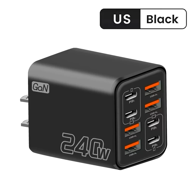 240W GaN USB-C-Ladegerät 8-in-1 Schnellladegerät für iPhone, Samsung, Xiaomi, Typ-C, EU/US-Stecker, Wandladegerät
