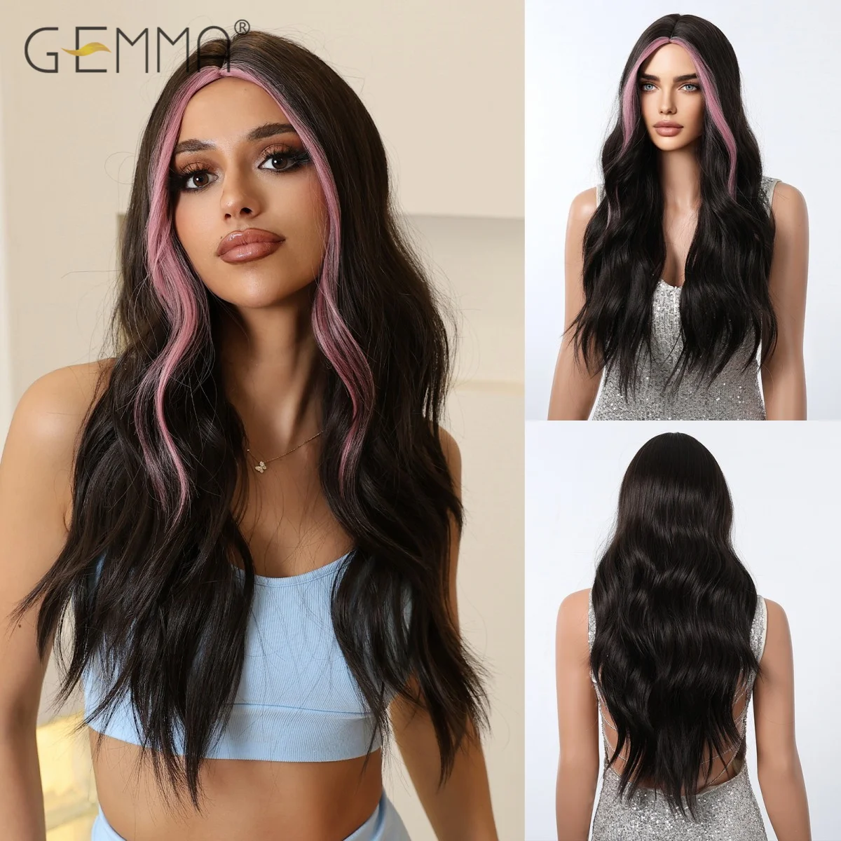 

Pink Highlight Dark Brown Long Wavy Wig Synthetic Middle Part Hair Wigs for Black Women Cosplay Daily Use Heat Resistant Fibre