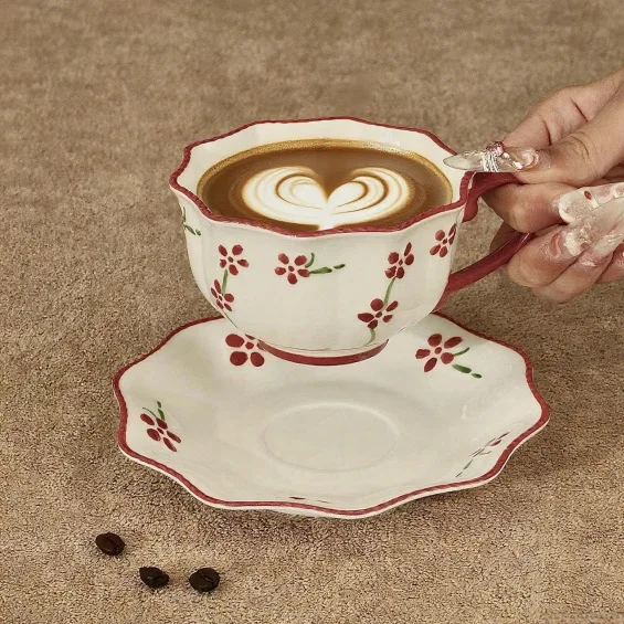 

Floral Coffee Cup Set Elegant Afternoon Tea Ceramic Mug Creative Latte Art Red Mug